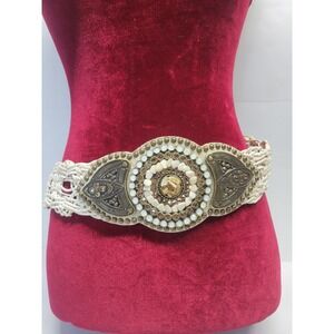 Leatherock Cream Braided Leather Medallion Belt XL Stone Studded Boho 5749 USA